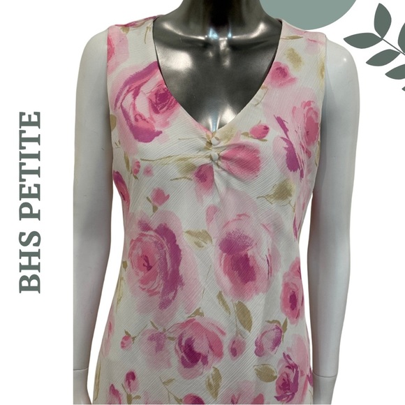 🛍️3/$40 BHS PETITE Sleeveless Rose Print Floral Midi Dress (Petite) White Pink - Picture 5 of 7